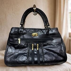 Black Lambskin Leather Patchwork Handbag Purse  Vtg Indie Sleaze Y2K Gothic